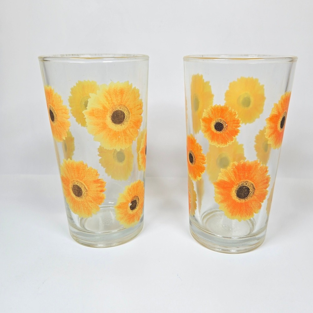 Vintage KIG Indonesia Sunflowers Daisies Drinking Glass Tumblers 10oz Flowers FG
